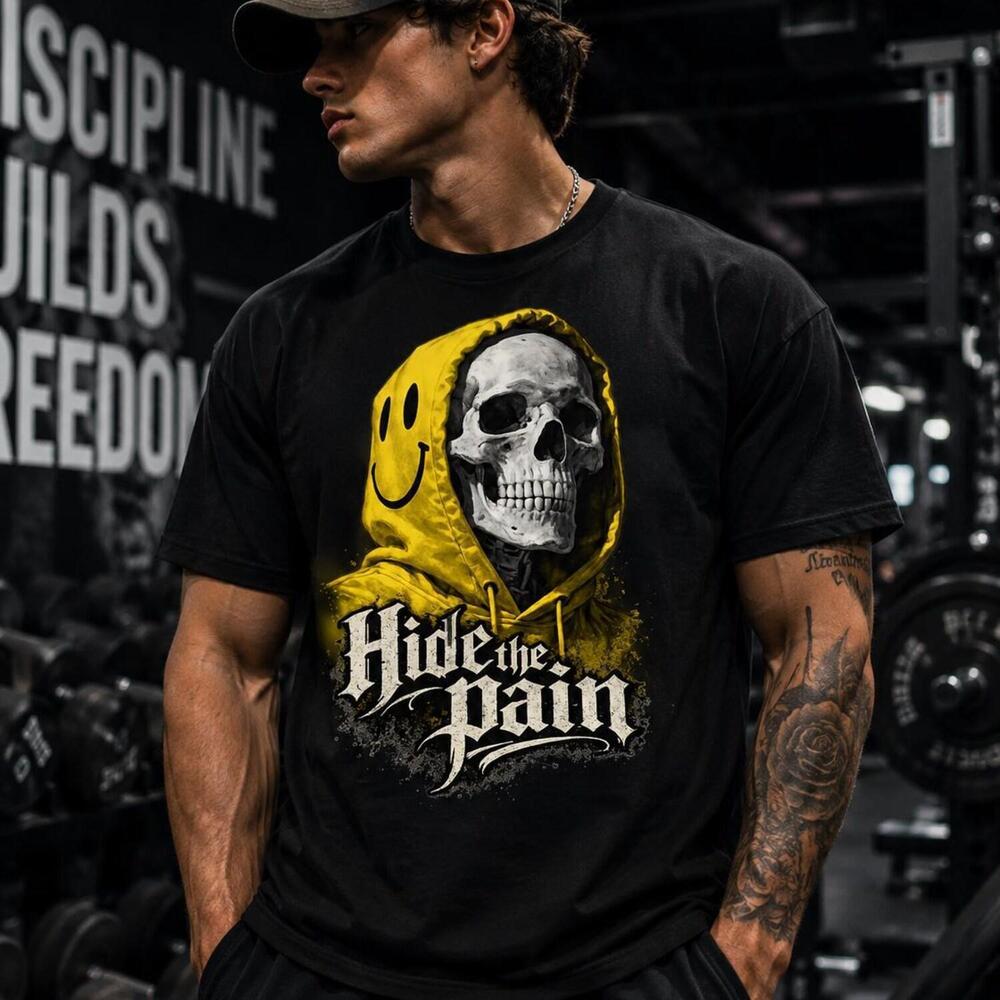 Hide The Pain Skull In Yellow Hoodie T-Shirt Grim Reaper Graphic